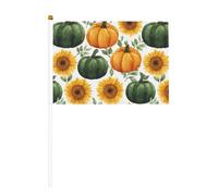 Zucche verdi e arancioni con girasoli gialli piccole bandiere tenute in mano, mini bandiere su bastone per feste, attività di squadra, sfilate, decorazione per vacanze, confezione da 10