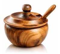 Zuccheriera e cucchiaio in legno rustico fatto a mano con coperchio a bocca larga barattolo per caramelle porta spezie condimento noci ciotola da portata pentola sale spezie erbe foglie sfuse