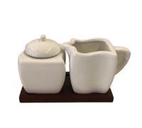 ZUCCHERIERA E LATTIERA IN CERAMICA BIANCA CON BASE IN LEGNO MDF CM 18,5X8