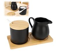 Zuccheriera In Ceramica Decorata, Set Zuccheriera E Lattiera Vassoio, Set Latte E Zucchero, Set Porta Zucchero E Latte, con Coperchio E Cucchiaio E Vassoio, Design Elegante, per Casa E Cucina (NERO)