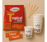 Zucchero di Canna Grezzo in Bustine Monodose - 500g con 50 Palettine in Legno e 50 Bicchieri da Caffè 75 ml in Carta Biodegradabile - Kit Caffè Eco-Friendly