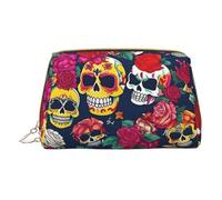 Zucchero e teschi e fiori in pelle mano cerniera borsa di immagazzinaggio sacchetto di immagazzinaggio del rossetto sacchetto cosmetico borsa portatile borsa da toilette, bianco, Taglia unica