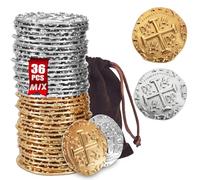 ZUCOS Accessori per monete da pirata, set di monete d'oro, in metallo, decorazione per giochi da tavolo DND, cosplay, imitazione di denaro medievale, tesoro dei pirati (oro e argento, 36 pezzi, Large)