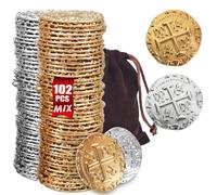 ZUCOS Accessori per monete da pirata, set di monete d'oro, in metallo, decorazione per giochi da tavolo DND, cosplay, imitazione di denaro medievale, tesoro dei pirati (oro e argento, 102 pezzi, Large