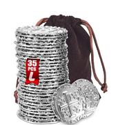 ZUCOS Accessori per monete da pirata, set di monete d'oro, in metallo, decorazione per giochi da tavolo DND, cosplay, imitazione di denaro medievale, tesoro dei pirati (argento 35 pezzi)