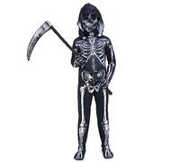 ZUCOS Tuta intera da scheletro 3D, per bambini, unisex, con ossa, costume di Halloween, integrale con maschera e falce, nero, taglia 7-9 anni