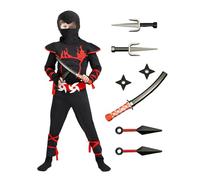 Zuffeloria Costume da ninja per bambini, con 7 armi di plastica sicure, per bambini, per Halloween, cosplay, con spada ninja, kunai, shuriken e accessori (M, 8-10 anni)