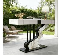 ZUGIATP Tavolo Da Consolle Moderno Half Moon, Base In Acciaio Al Carbonio, Lungo E Stretto, Con Due Cassetti Portaoggetti, Piano In Ardesia(Style B,150 * 35 * 92cm/55 * 13 * 36in)