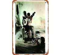 Zuhhgii Henry Ossawa Tanner Banjo Lezione Poster 1893 Olio su tela Uomo Insegna Ragazzo a suonare Banjo Strumento Musicale Lezione di Musica Targa Metallo Stagno Stuff Stanza Stuff Wall Decor Sign
