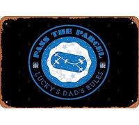 Zuhhgii Lucky's Dad's Rules - Targa in metallo retrò con scritta "Pass The Parcel, scritta in lingua inglese "Pass The Parcel, scritta in lingua inglese", stile vintage, divertente, per film, musica