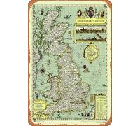 Zuhhgii NG Maps - Poster da parete con mappa illustrata della Gran Bretagna del National Geographic di Shakespeare, cartello in metallo vintage, divertente, decorazione da parete, per musicisti