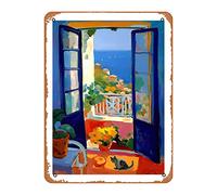 Zuhhgii Stampa artistica con gatto Matisse e finestra aperta in stile Costiera Amalfitana 3, poster vintage, 20 x 30 cm, targa in metallo retrò vintage per casa, bar, pub, garage, decorazione regalo