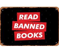 Zuhhgii Targa in metallo retrò con scritta in lingua inglese Read Banned Books vintage, divertente e divertente, con scritta in lingua inglese "Man Cave", per film, musica e bar, stampa retrò