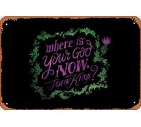 Zuhhgii Targa in metallo retrò con scritta in lingua inglese "Where Is Your God Now John Knox?", divertente targa in metallo, con scritta in lingua inglese "Where Is Your God Now John Knox", con