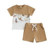 Zukmuk 2pcs Bambini Completi Estivi Neonato Manica Corta Anatra Ricamo T-Shirt e Pantaloncini Set di Vestiti Bambino Completi Abbigliamento Bambini (Cachi A, 18-24 Months)