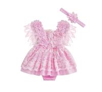 Zukmuk Bambine 2pcs Vestito Cerimonia Abito Romper Neonata Senza Maniche in Cotone Pagliaccetto Elegante Tunita da Battesimo Estivo 2 (Rosa Piume, 12-18 Months)