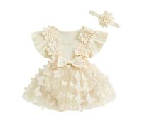 Zukmuk Bambine 2pcs Vestito Cerimonia Abito Romper Neonata Senza Maniche in Cotone Pagliaccetto Elegante Tunita da Battesimo Estivo 2 (Beige Volare, 0-3 Months)
