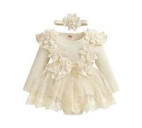 Zukmuk Bambine Vestito Set Cerimonia Abito Romper Neonata in Misto Cotone Pagliaccetto Maniche Lunga e Fascia Bowknot Elegante Tunita da Battesimo (Albicocca, 0-3 Months)