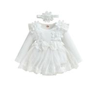 Zukmuk Bambine Vestito Set Cerimonia Abito Romper Neonata in Misto Cotone Pagliaccetto Maniche Lunga e Fascia Bowknot Elegante Tunita da Battesimo (Bianco, 0-3 Months)