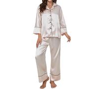 Zukmuk Donna 2 Pezzi Pigiama Set in Raso Camicia a Maniche Lunghe + Pantaloni Pigiama Casual (Beige Non Tasche, L)