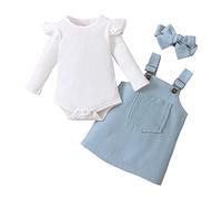Zukmuk Gonne e Top da Bambina Pagliaccetto a Maniche Lunghe con Volant + Gonna con Bretelle, Blu, 100 (12-18 Mesi)