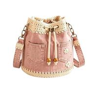 Zunishaone Denim Bag | Daisy Embroidery Retro Boho Crochet Trim Drawstring