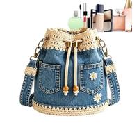 Zunishaone Denim Bag | Daisy Embroidery Retro Boho Crochet Trim Drawstring