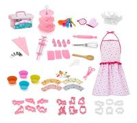 Zunishaone Set da cucina per giocattoli da gioco di ruolo da cucina con grembiule dinosauro e cappello da - cappello da chef e grembiule rosa abbinato, 64 pezzi, giocattolo