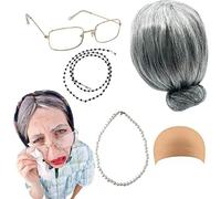 Zunishaone Vecchia Dama Costume Bambina 100 Costume Scuola 5 Pezzi Parrucca Grigio Occhiali con Catena, Cuffia Parrucca Collana per Costumi di Halloween 100 Giorno di Scuola