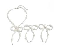 Zuoeay Set di gioielli con collana e orecchini dal design unico con perle accentate con fiocco, versatile per abiti casual, eventi formali, elegante collana da donna e orecchini combinati