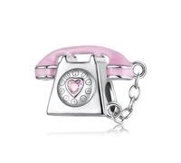 ZUOHUI Ciondoli in argento Sterling 925 - Ciondolo a forma di telefono rosa vintage con zircone 3A e tripla placcatura in platino, graziosi ciondoli fai da te compatibili con Pandora/Biagi/Troll/Chami