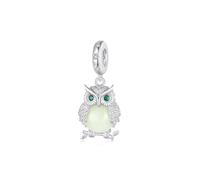 ZUOHUI Ciondolo a forma di gufo in rame placcato platino che si illumina al buio, per donne, compatibile con i bracciali Pandora, con perla in pietra che si illumina al buio