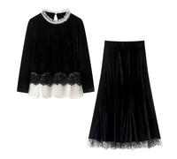 ZUOHUI Completo da Donna Autunno Inverno 2025 con Camicetta in Pizzo di Velluto e Gonna a Trapezio | Completo da Ufficio e da Festa con Fodera Termica Spessa e Calda(XL)