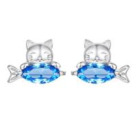 ZUOHUI Orecchini da donna in argento sterling S925 con gatto che mangia un pesce, anallergici; graziosi orecchini a bottone con gatto e pesce per orecchie sensibili