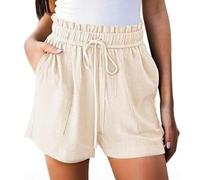 ZUOLAIYIN Summer Women's Solid Colored Linen Cotton Elastic Drawstring Casual Shorts with Pockets, 1 albicocca, XXL