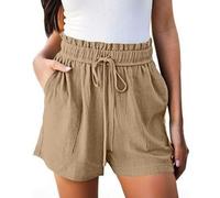 ZUOLAIYIN Summer Women's Solid Colored Linen Cotton Elastic Drawstring Casual Shorts with Pockets, 1 kaki, L
