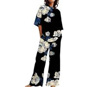 ZUOZUIYQ Pigiama da Donna Completo da Notte Completi Estivi da Donna 2 Set di Cotone e Lino T-Shirt Oversize Pantaloni a Gamba Dritta Tuta Taglie Forti Pigiama da Donna