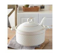Zuppiera in porcellana con coperchio e cucchiaio, ciotola da portata a doppio manico, design con bordo dorato, adatta al microonde e alla lavastoviglie, ideale per servire la cucina