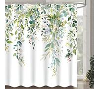 Zussun Tenda da doccia lunga verde eucalipto con foglie di piante e foglie di acquerello, tenda da doccia per bagno botanico in tessuto impermeabile, decorazione da bagno con ganci (verde, 183 x 198
