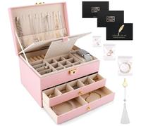 ZUSUZU Caja Joyero de 3 Niveles,Grande Joyero Viaje Cajones Niña,Joyeros Mujer Organizador,Joyero de terciopelo,con cerradura y llave,para Pulseras,Pendientes,Anillos,Collares,Relojes,Blanco（rosa）