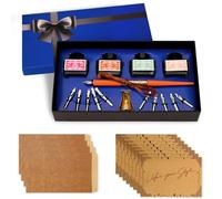 ZUSUZUSet Calligrafia 28 Pezzi,Penna Stilografica in Legno Retrò con 10 Pennini,4 Inchiostri Colorati,Supporto in Bronzo,Carta & Buste,Ideale per Principianti per Esercitarsi,Pratico & Regalo Elegante