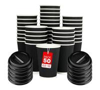 Zuvo Confezione da 50 tazze da caffè da asporto con coperchio, usa e getta, isolate, a tripla parete, in carta kraft, per caffè da asporto, tè o liquidi caldi, confezione da 50 (350 ml), nero