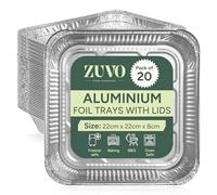 Zuvo Grandi vassoi usa e getta in alluminio con coperchi di carta, 22 x 22 x 8 cm, contenitori da asporto, ideali per cuocere arrosti, grigliare, cucinare alimenti (20 vassoi e coperchi) (la