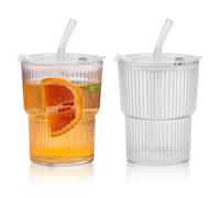 Zuxbolf 2 Pz Tazza di Vetro a Strisce da 400ml,Bicchieri in Vetro con Coperchio Ermetico e Cannuccia in Plastica,Tazze da caffè Ghiacciato Trasparente per Birra Latte Succhi di Frutta