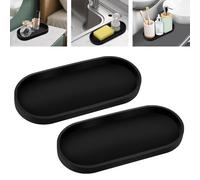 Zuxbolf 2 Pz Vassoio Portaoggetti in Silicone Nero,Vassoio Bagno Silicone Ovale Decorativo,Organizer Ovale Nero per Vanità, Vasca da Bagno, Lavello Della Cucina, Toletta (24.8x11x2cm)