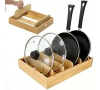 Zuxbolf Porta Coperchi Pentole Salvaspazio in Bambù con 5 Divisori Regolabile,Organizzatore Pentole e Coperchi in Bambù con Manici Ergonomici per Cucina,Bagno,Camera da Letto (30x25x9cm)