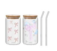 Zuzer Set di 2 Bicchiere di Vetro con Cannuccia e Coperchio,Riutilizzabili Tazza Vetro,Bicchieri da Bere per Tè Freddo Smoothies Succhi Latte Cocktail e Whisky