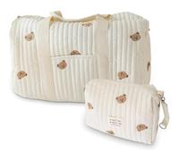 ZVD Bustine Corredino Neonato Ospedale, Borsa Passeggino Set da 2 Pezzi, Neonato Cambio, Mommy Bag, Spalla in Cotone con Ricamo, Stampa Carina Portatile Universale (Bianco)