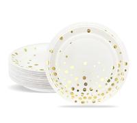 ZVK Piatti per feste, 23cm Piatti di carta Bianco con lamina d'oro 50 pezzi Set di piatti da dessert usa e getta per feste di cocktail, compleanno, laurea, inaugurazione della casa, Festa del tè