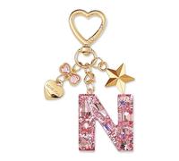 ZVRSUA Portachiavi con Lettera Iniziale per Ragazze e Donna，Letter Keychain Iniziale，Alfabeto Keyring con Ciondolo a Forma Stella Farfalla，Ciondolo a Borse,Ciondolo Zaino (Rosa lettera N)